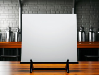 Blank white canvas on easel in a bar, clean design, brick wall background, concept of branding mockup. Generative AI