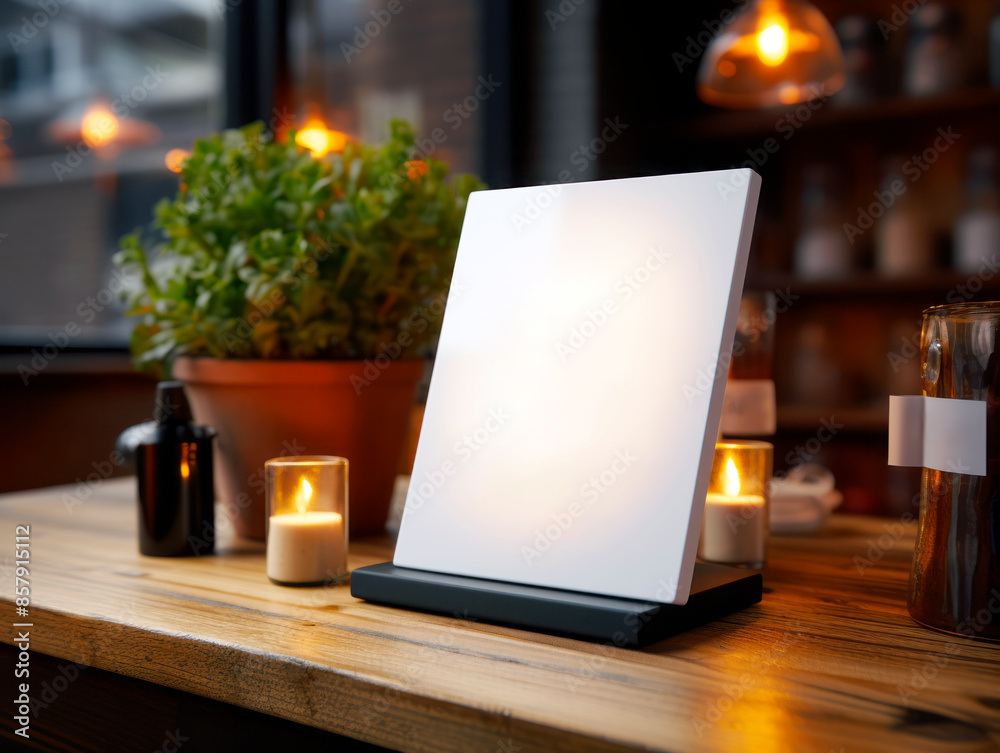 Poster a blank menu stand mockup on a wooden table with a cozy cafe background, for branding presentation. 