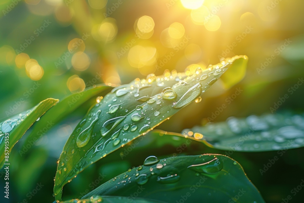 Wall mural water drops sparkle in sun on leaf in sunlight. ai generative