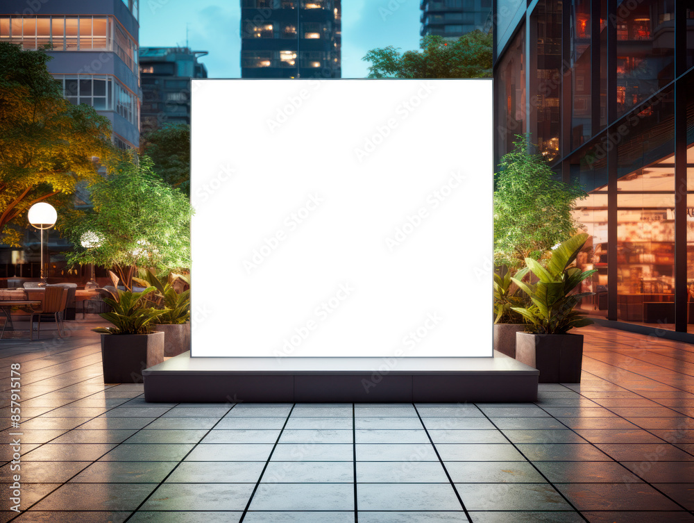 Poster an empty billboard mockup with plants on a city street at dusk, for branding presentations. generati
