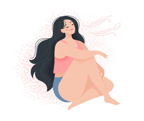 Deep breath and mindfulness concept. Woman calm and relaxed, mental health, self care or meditation. Vector illustration in flat style