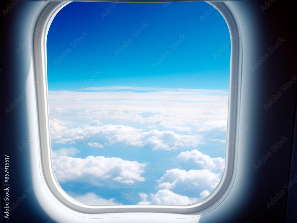 Poster view of clouds and sky from an airplane window, on a clear day, conveying a concept of travel. gener