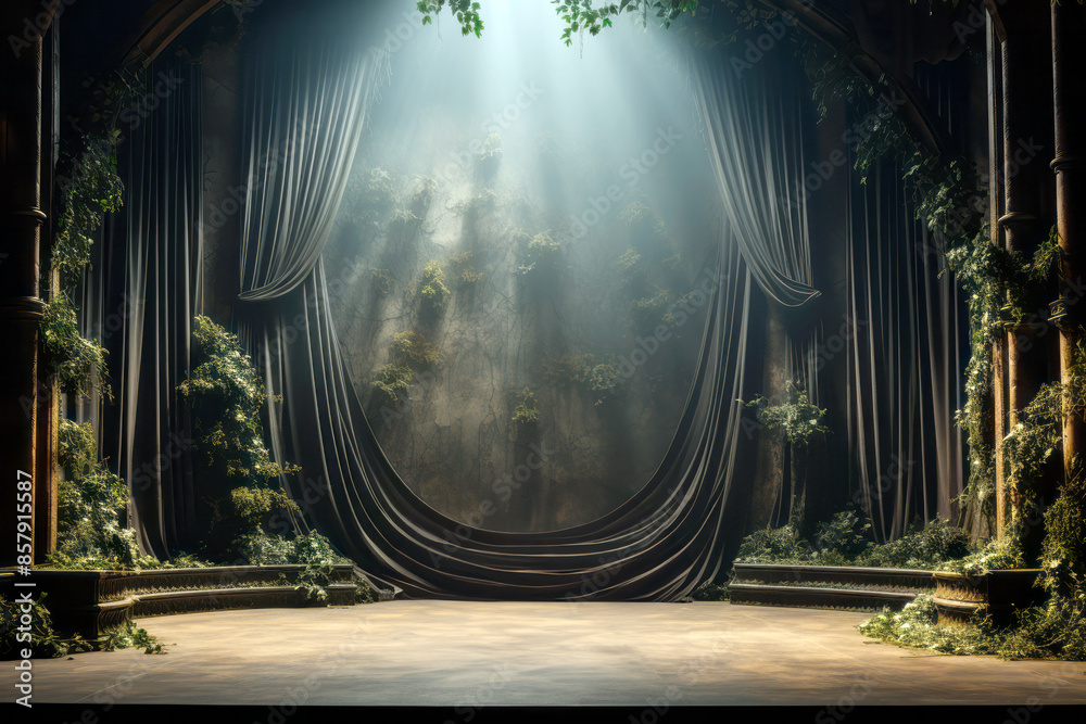 Poster an enchanting stage with velvet curtains, overgrown with foliage, illuminated by celestial light, se