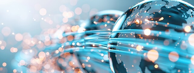 An abstract representation of a global network, with continents connected by glowing blue lines of data transfer