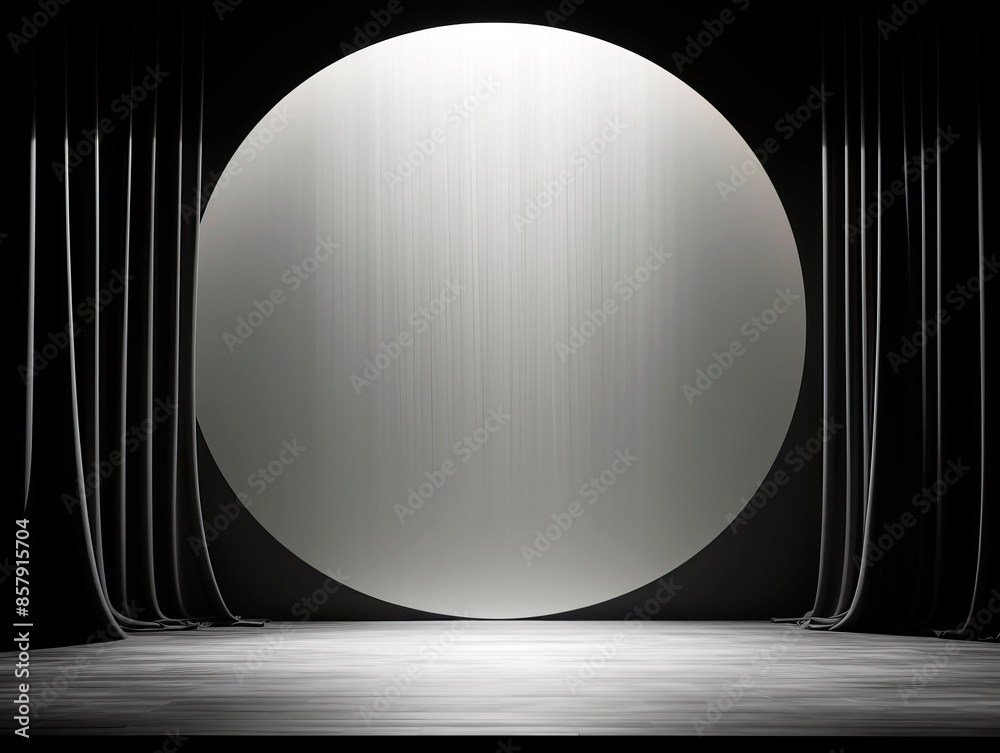 Poster An empty stage with black curtains and a central illuminated elliptical opening against a dark background, creative concept. Generative AI