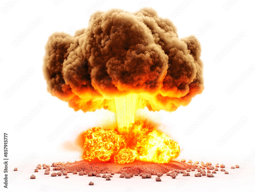 Poster an explosive mushroom cloud with fiery base and rocks scattered around, on a white background, depic