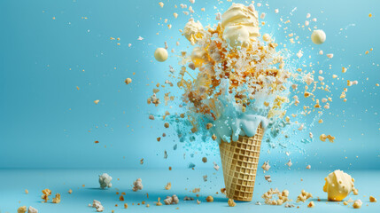 Explosive Cone Ice Cream: Delectable Waffle Pieces Bursting with Flavor on a Solid Background - A High-Definition, Mouth-Watering Digital Artwork