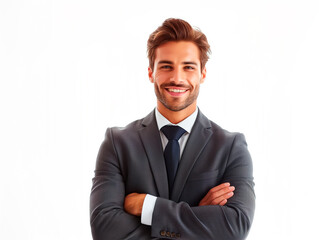 Confident businessman smiling in a suit against a white background, concept of success. Generative AI