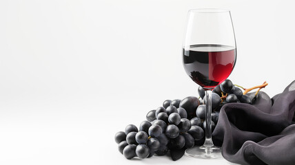 black wine grape with glass of wine and black fabric on isolated white