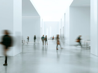 Blurred figures walking through a minimalist modern gallery with white walls and a light floor, representing motion and time. Generative AI