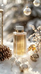 Fototapeta premium Closeup glass bottle of aromatic niche luxury perfume on background of beige fabric drapery. Cosmetics products for care and personal hygiene concept.