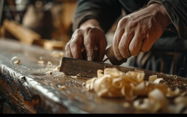 Close Up Of A Carpenters Hands Using A Hand Plane To Shape Wood
