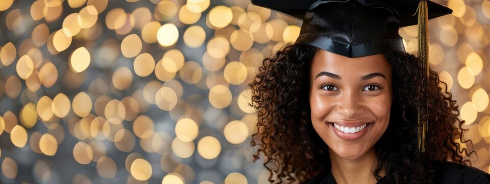 Celebrate the Class of 2024 with a card featuring golden glittering numbers and a graduate cap icon on a white background. Includes a mixed-race beauty in a graduation gown smiling proudly.