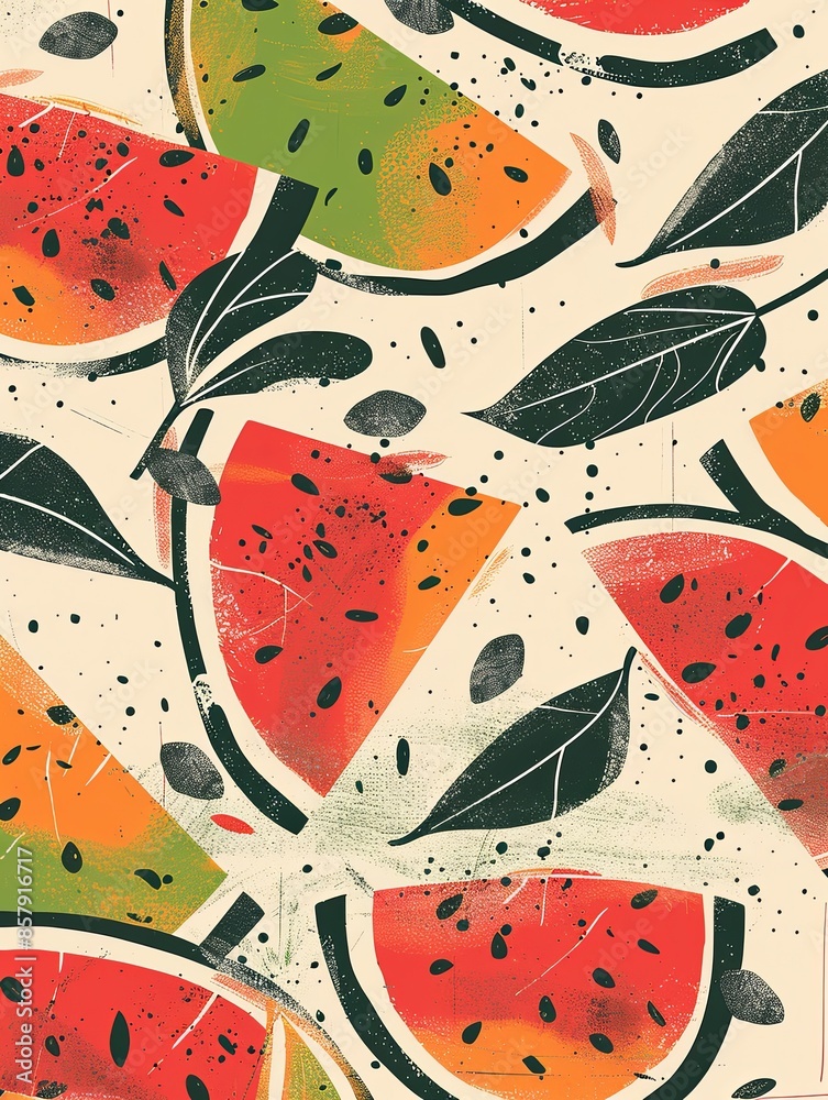 Poster an abstract digital art design featuring watermelon slices and green leaves on a white background. g