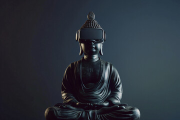 Buddha statue wearing VR goggles 