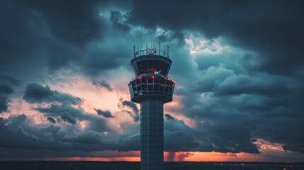 Obraz premium Air traffic control tower against a stormy sky at dusk, dramatic clouds, raw and detailed, powerful scene