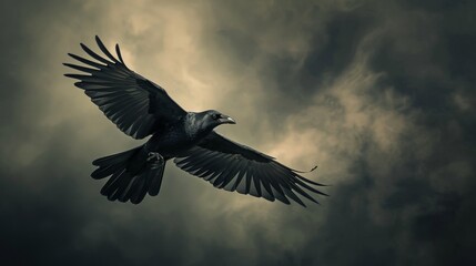 Obraz premium Blackbird in flight, wings outstretched, stormy clouds behind, looking up perspective, raw texture, dramatic atmosphere