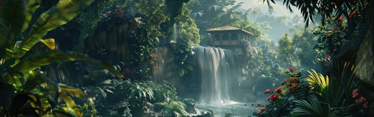 Lush Rainforest Landscape With Waterfall and Rustic House