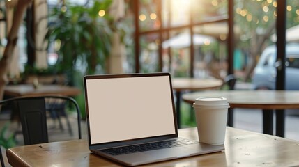 Fototapeta premium Illustrates a laptop with a blank screen on a coffee table.