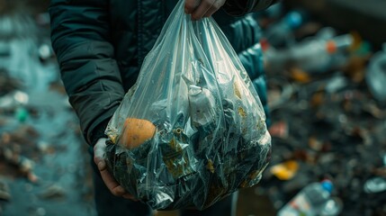 Close-up of a person gripping a full plastic bag of trash, raw style, highlighting the texture and contents, detailed and impactful
