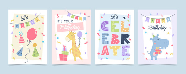 Childrens cute greeting card set. Birthday animals with cake, party hats and balloons. Vector illustration template