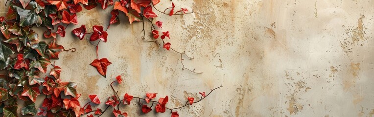 Red And Green Ivy Growing On A Beige Wall