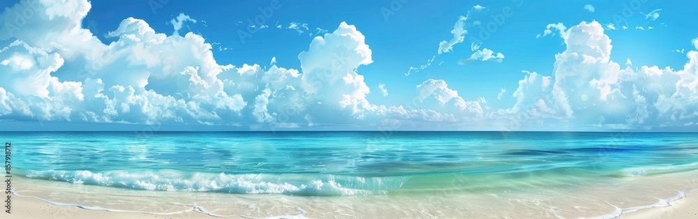Wall mural tranquil blue sky over a sandy beach with waves crashing - Wall murals