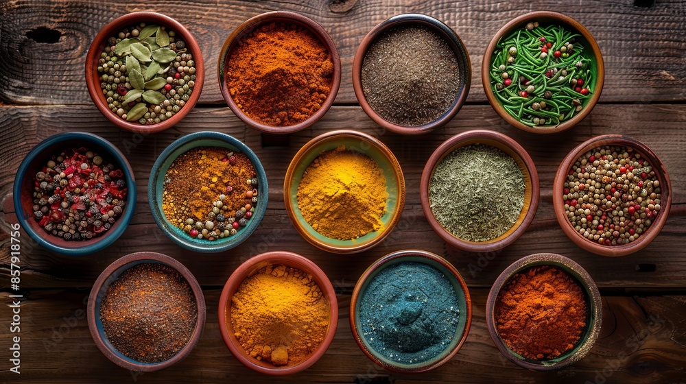 Poster a collection of various spices in ceramic bowls arranged on a rustic wooden surface. generative ai