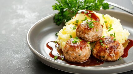 Fototapeta premium A close-up shot of a plate of homemade meatballs served on a bed of creamy mashed potatoes, garnished with fresh parsley