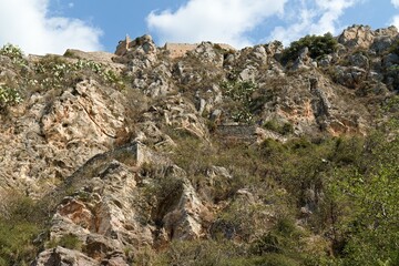 View of the Palamidi fortress that was built in 1711-1714 in Nafplio city. Nafplio is situated on the Argolic Gulf in the northeastern Peloponnese. Greece. Europe.