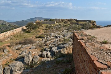 View of the Palamidi fortress that was built in 1711-1714 in Nafplio city. Nafplio is situated on the Argolic Gulf in the northeastern Peloponnese. Greece. Europe.