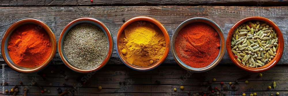 Aufkleber A top-down view of various colorful spices in ceramic bowls arranged on a rustic wooden surface. Generative AI