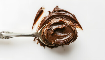 Fototapeta premium Spoon with tasty chocolate paste on white background, top view