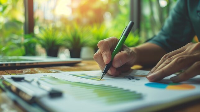 Corporate auditor reviewing sustainability reports in a modern office. ESG reporting and business analysis concept with focus on sustainability and corporate governance.