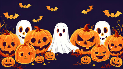 Holiday Halloween banner with Jack-o'-lantern pumpkins, ghosts and flying bats on a black background. Copy space.