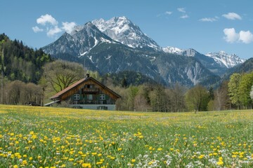 Sunny alpine day  idyllic spring mountain landscape with blooming meadows in the alps