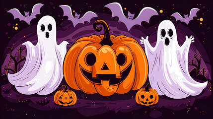 Halloween banner design with spooky orange pumpkins, ghosts and bats on a dark purple background. Happy Halloween concept.