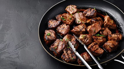 Fototapeta premium A close-up image of four grilled steak pieces on a cast iron griddle with tongs. The steaks are cooked to a juicy medium-rare and are seasoned with salt, pepper, and herbs