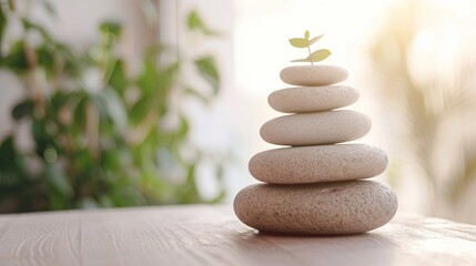 Fototapeta premium A stack of smooth stones with a small plant sprout on top, placed on a wooden surface with a blurred background of green plants and sunlight.