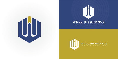 Abstract initial hexagon letters WI or IW logo in blue color isolated on multiple background colors. The logo is suitable for insurance agency logo vector design illustration inspiration templates.