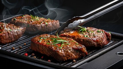 A close-up image of four grilled steak pieces on a cast iron griddle with tongs. The steaks are cooked to a juicy medium-rare and are seasoned with salt, pepper, and herbs