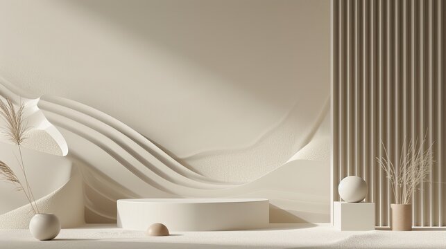 Minimalist interior design with neutral tones, featuring a modern bathtub, decorative vases, and abstract wall art. The scene is serene and elegant, emphasizing simplicity and tranquility.