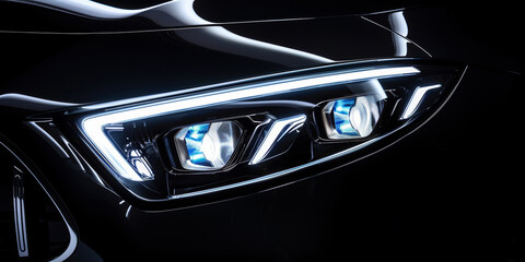 A close-up shot of a sleek black cars headlights illuminating the darkness