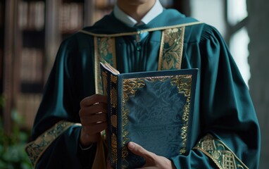 Person Wearing Green Robe Holding a Blue and Gold Book