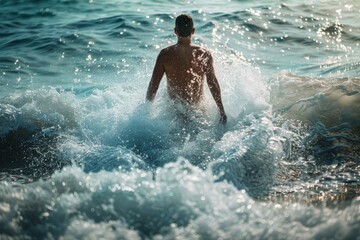 Man walking through waves parting in high quality image capture by the water s edge