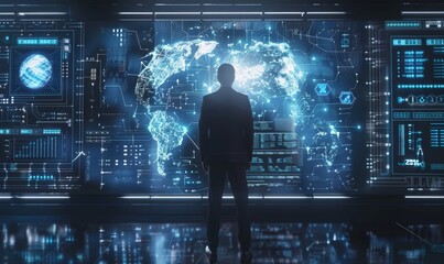 Businessman standing in front of a futuristic interface with holographic data