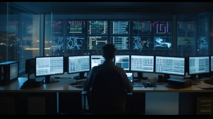 Investor analyzing stock market data on multiple monitors