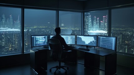 Fototapeta premium Investor analyzing stock market data on multiple monitor