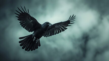 Fototapeta premium Flying blackbird with wings fully extended, stormy sky backdrop, viewed from below, raw style, powerful and dynamic