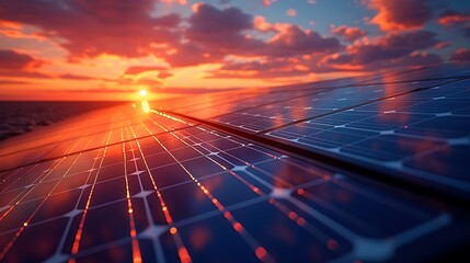 Aerial close-up of a large solar panel array, highlighting the intricate design and vast scale, with sunlight creating reflections and shadows, hd quality, natural look --ar 16:9 --v 6.